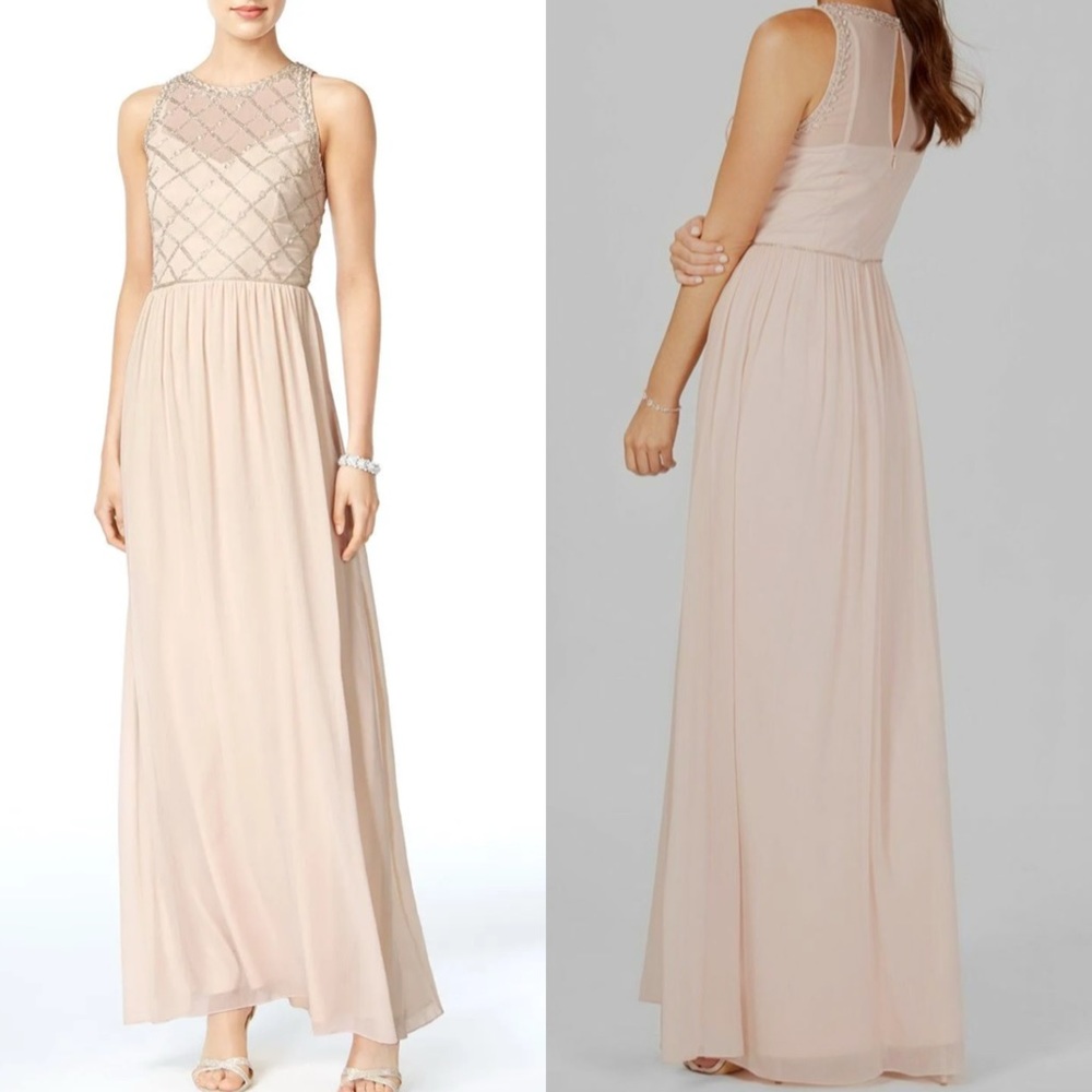 NWT Adrianna Papell Sequin Beaded Blush Chiffon Gown Maxi Dress Size 4